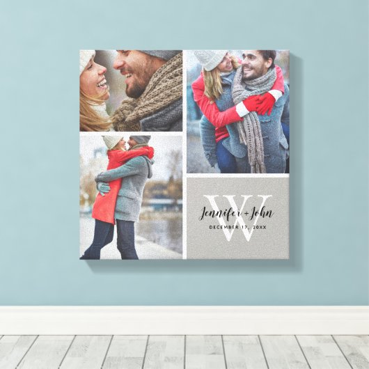 Bruiloft Monogram Namen en Datum 3 Fotocollage Canvas Afdruk (Insitu (Houten vloer))