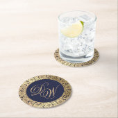 Bruiloft Monogram Navy Blauw Goud  Elegant Ronde Kartonnen Onderzetter (Insitu)