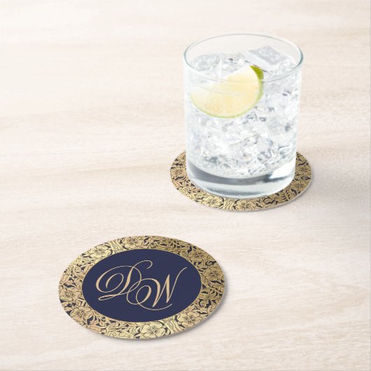 Bruiloft Monogram Navy Blauw Goud  Elegant Ronde Kartonnen Onderzetter (Insitu)