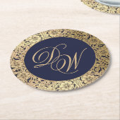 Bruiloft Monogram Navy Blauw Goud  Elegant Ronde Kartonnen Onderzetter (Gebogen)