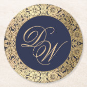 Bruiloft Monogram Navy Blauw Goud  Elegant Ronde Kartonnen Onderzetter (Voorkant)