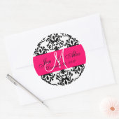 Bruiloft Monogram Opslaan Datum Damask Fuchsia Sea Ronde Sticker (Envelop)