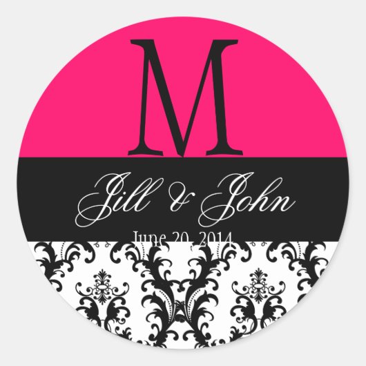 Bruiloft Monogram Opslaan Datum Damast Hot Pink Se Ronde Sticker (Voorkant)