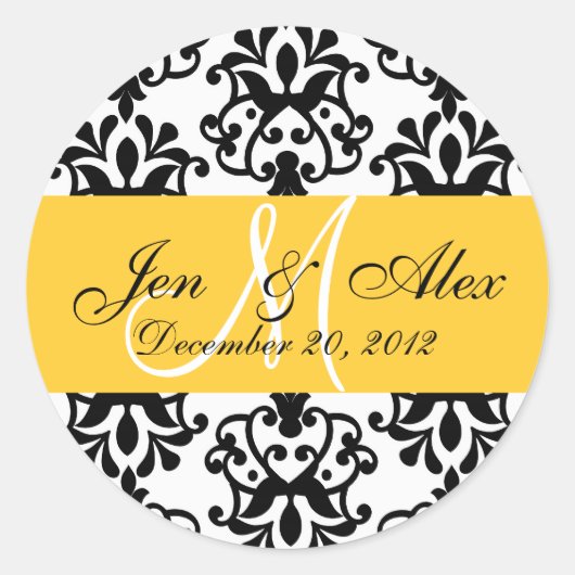 Bruiloft Monogram Opslaan Datum Gele Damast Seal Ronde Sticker (Voorkant)