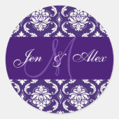 Bruiloft Monogram Paarse Damask Sticker (Voorkant)