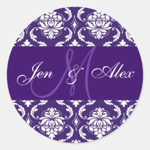 Bruiloft Monogram Paarse Damask Sticker