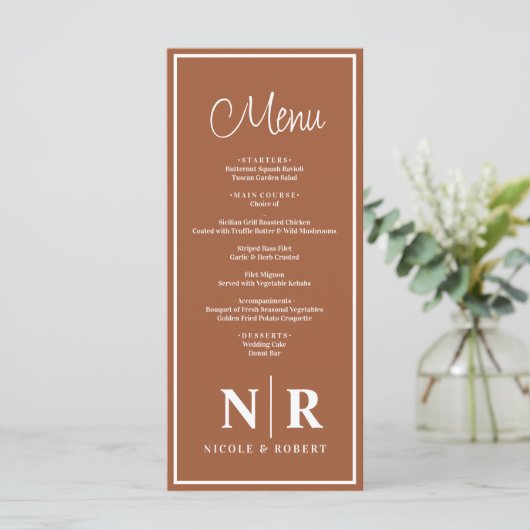 Bruiloft monogram receptie of Verloving diner Menu (Staand voorkant)