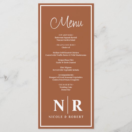 Bruiloft monogram receptie of Verloving diner Menu (Voorkant)