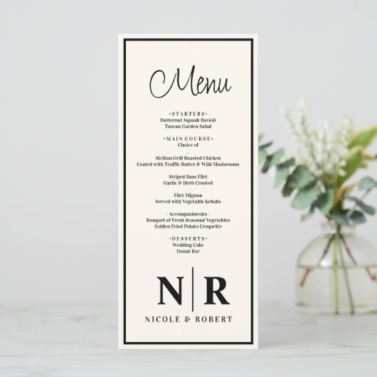 Bruiloft monogram receptie of Verloving diner Menu (Staand voorkant)