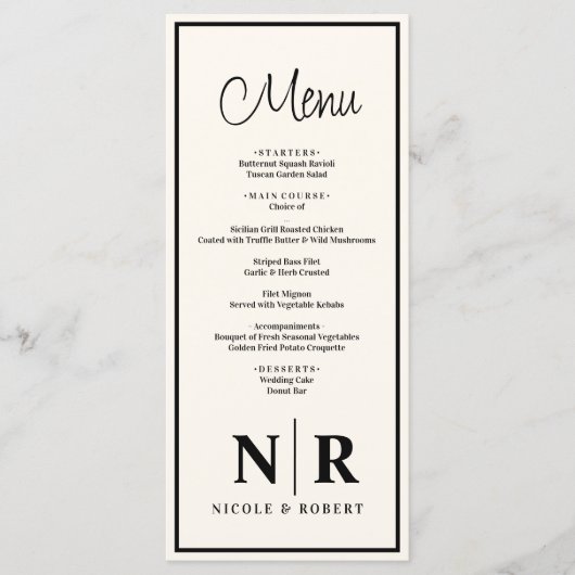 Bruiloft monogram receptie of Verloving diner Menu (Voorkant)