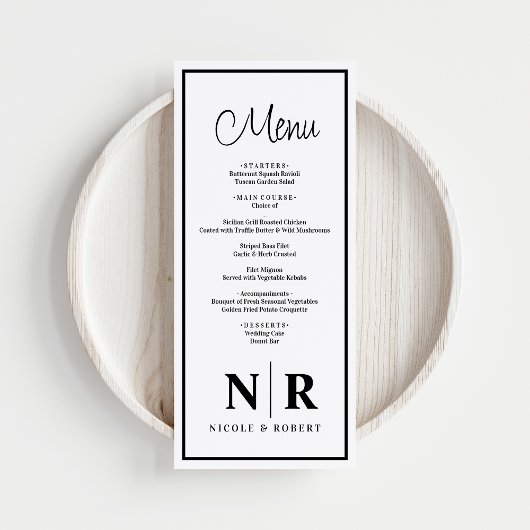 Bruiloft monogram receptie of Verloving diner Menu