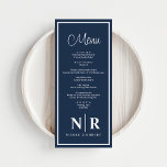 Bruiloft monogram receptie of Verloving diner Menu<br><div class="desc">Verhoog uw speciale gelegenheden met onze Navy Blue en White Wedding Monogram Receptie of Verloving Dinner Menus, een perfecte mix van elegantie en personalisatie. Ontworpen met een verfijnde marineblauwe achtergrond en heldere witte accenten, voegen deze menu's een vleugje verfijnde charme toe aan uw bruiloft, repetitie diner of verlovingsfeest. De opvallende...</div>