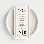 Bruiloft monogram receptie of Verloving diner Menu<br><div class="desc">Onze Off White en Black Wedding Monogram Receptie of Verloving Dinner Menu's, een mix van tijdloze elegantie en gepersonaliseerde charme perfect voor elke speciale gelegenheid. Ontworpen met een verfijnde, gebroken witte achtergrond en opvallende zwarte accenten, voegen deze menu's een vleugje verfijnde elegantie toe aan uw evenement, of het nu gaat...</div>