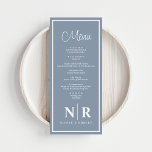 Bruiloft monogram receptie of Verloving diner Menu<br><div class="desc">Introduceer een vleugje verfijnde elegantie aan uw speciale evenement met onze Dusty Blue and White Wedding Monogram Receptie of Verloving Dinner Menus. Deze prachtige menu's zijn ontworpen om uw eetervaring te verhogen, waardoor ze de perfecte aanvulling zijn op bruiloften, repetitie-diners en verlovingsfeesten. De verfijnde mix van stoffige blauwe en ongerepte...</div>