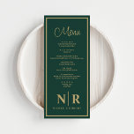 Bruiloft monogram receptie of Verloving diner Menu<br><div class="desc">Introductie van onze Emerald Green en Gold Wedding Monogram Reception of Verloving Dinner Menus, een prachtige aanvulling op uw speciale evenement dat elegantie combineert met persoonlijke charme. Deze menu's zijn gemaakt met een rijke smaragdgroene achtergrond geaccentueerd door luxe gouden details, waardoor een verfijnde look wordt gecreëerd die elke tabelinstelling verbetert....</div>