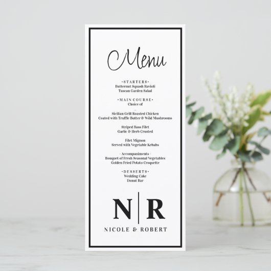 Bruiloft monogram receptie of Verloving diner Menu (Staand voorkant)