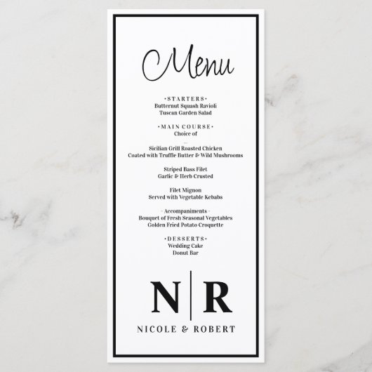 Bruiloft monogram receptie of Verloving diner Menu (Voorkant)