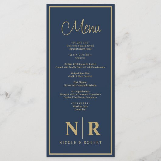 Bruiloft monogram receptie of Verloving diner Menu (Voorkant)