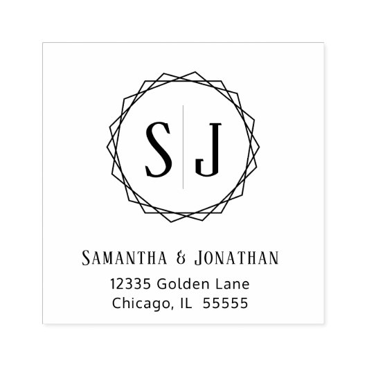 Bruiloft Monogram retouradres | Geometrische rand Rubberstempel (Afrduk)