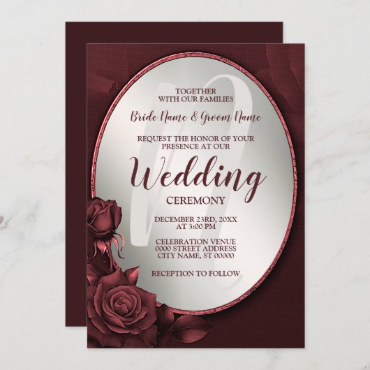 Bruiloft Monogram Rood Roze Rozen Bloemen Lijst Kaart (Voorkant / Achterkant)