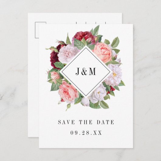 Bruiloft Monogram Roos krans opslaan van de datum Uitnodiging Briefkaart (Voorkant / Achterkant)