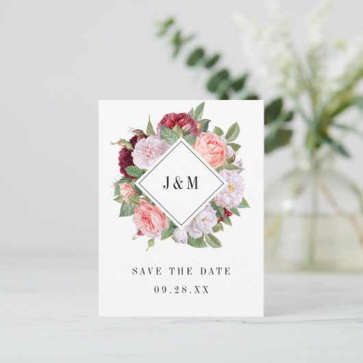 Bruiloft Monogram Roos krans opslaan van de datum Uitnodiging Briefkaart (Staand voorkant)