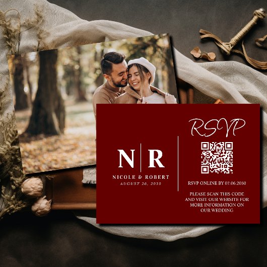 Bruiloft Monogram RSVP QR Code Foto Elegant Informatiekaartje