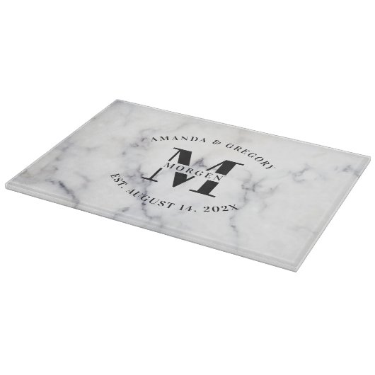 Bruiloft Monogram Typografie Wit Marmer Snijplank (Hoek)