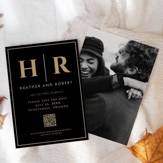 Bruiloft Monogram Zwart Goud Eenvoudige Moderne QR Save The Date