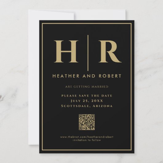 Bruiloft Monogram Zwart Goud Eenvoudige Moderne QR Save The Date (Voorkant)