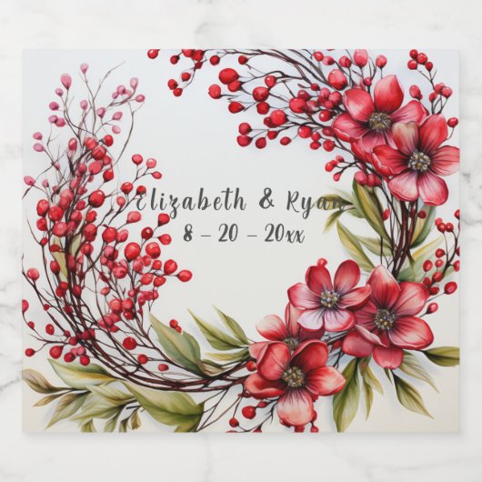 Bruiloft Mooie rode bloemen bladeren groen Sparkling Wijnetiket (Enkel label)