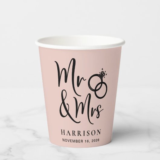 Bruiloft Mr. Mrs Blush Pink Papieren Bekers (Achterkant)