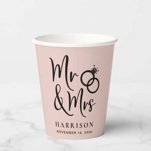 Bruiloft Mr. Mrs Blush Pink Papieren Bekers (Voorkant)