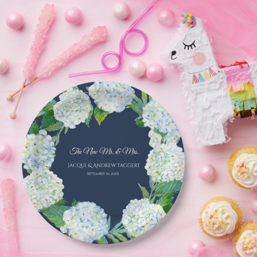 Bruiloft Mr. N Mrs Navy Blauw Witte Hydrangea Kran Papieren Bordje (Feest)