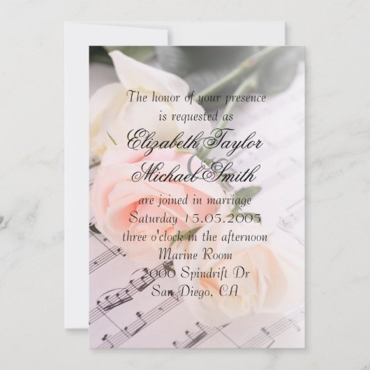 Bruiloft Muziek Licht Roze Rozen Bruiloft Uitnodig Kaart (Voorkant)