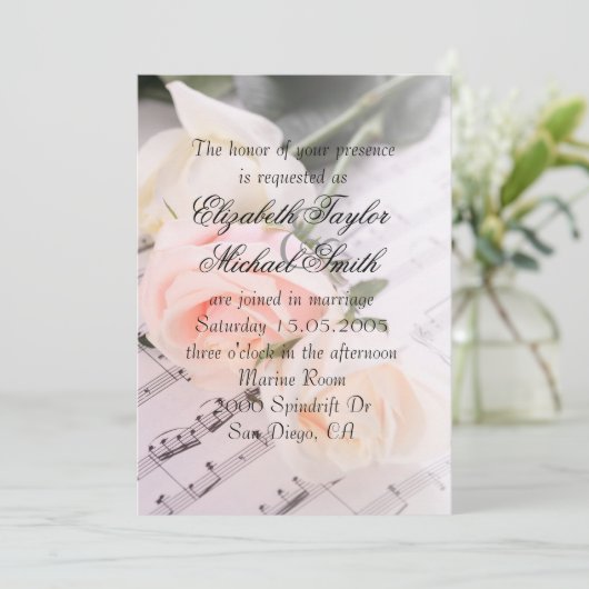 Bruiloft Muziek Licht Roze Rozen Bruiloft Uitnodig Kaart (Staand voorkant)