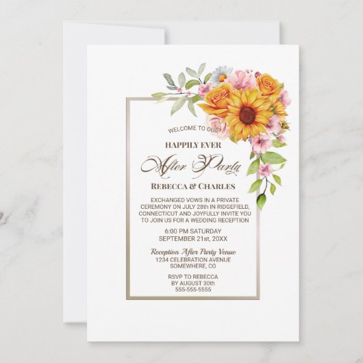 Bruiloft na feest zonnebloem roze receptie kaart (Voorkant)