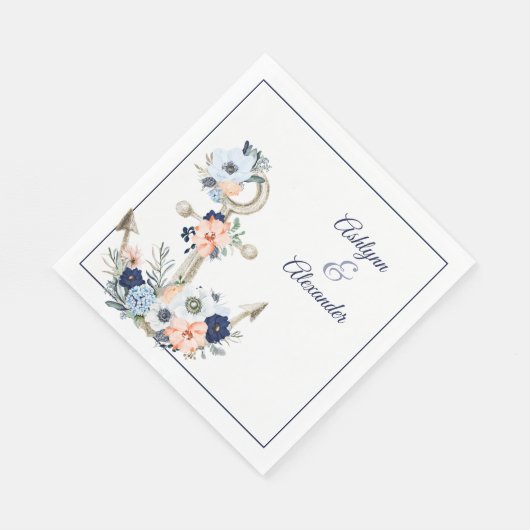 Bruiloft Nautical Anker Navy Peach Bloemen Namen Servet (Hoek)