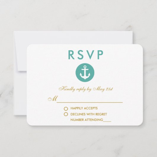 Bruiloft Nautisch Anker Blauwgroen RSVP Gold (Voorkant)