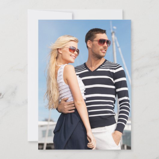 Bruiloft nautische blauwe strepen uitnodigen B fot Kaart (Achterkant)