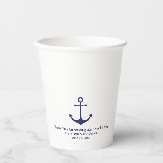 Bruiloft nautische marine blauw wit anker monogram papieren bekers (Voorkant)