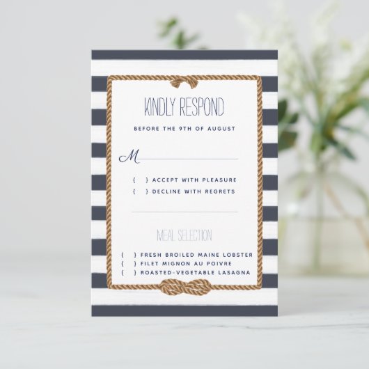 Bruiloft Nautische Marine & Witte Waterverf Evenem RSVP Kaartje (Staand voorkant)