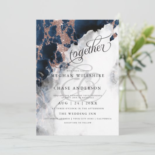 BRUILOFT | Navy Blue Roos Gold Geode Waterverf (Staand voorkant)