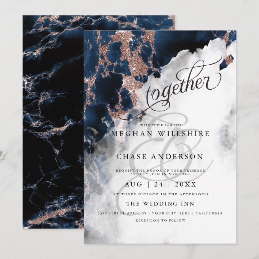 BRUILOFT | Navy Blue Roos Gold Geode Waterverf (Voorkant / Achterkant)