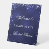 Bruiloft navyblauw zilver glinsterende welkom reclamebord met voetstuk (Voorkant)