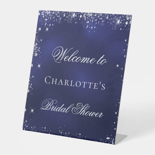 Bruiloft navyblauw zilver glinsterende welkom reclamebord met voetstuk (Voorkant)