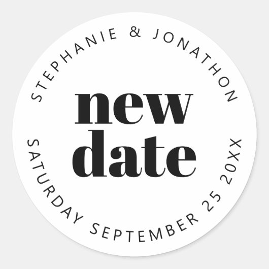 Bruiloft Nieuwe Datum Namen eenvoudige tekst zwart Ronde Sticker (Voorkant)