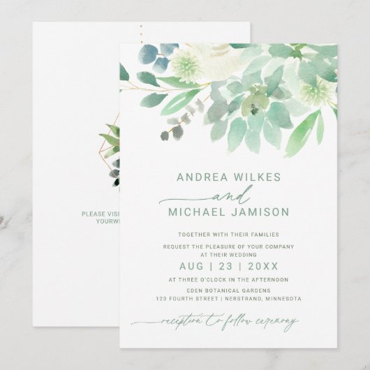 Bruiloft nodigen bloemenvetplant Waterverf groen Kaart (Voorkant / Achterkant)