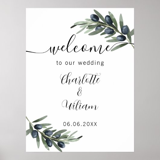 Bruiloft olijf groen blad welkom poster (Voorkant)