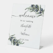 Bruiloft olijf groen blad welkom reclamebord met voetstuk (Voorkant)